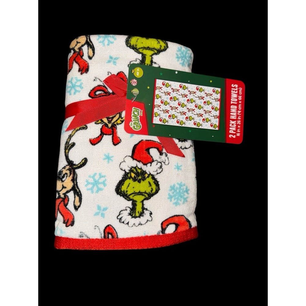 Dr Seuss The Grinch Christmas Bathroom Hand Towels 2-Pack White Cotton Print - Picture 3 of 4